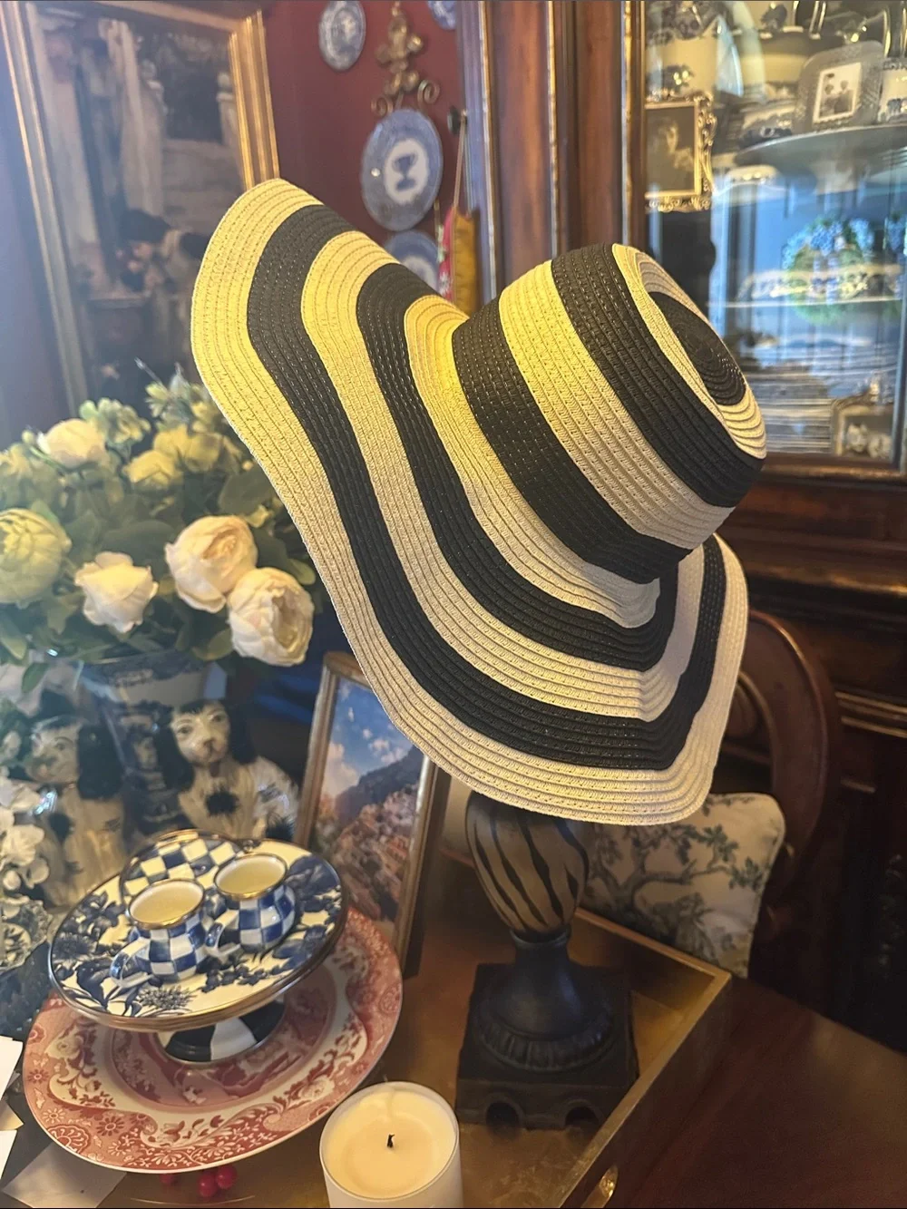 NWT LOFT Black & Natural Striped Floppy Straw Sun Hat